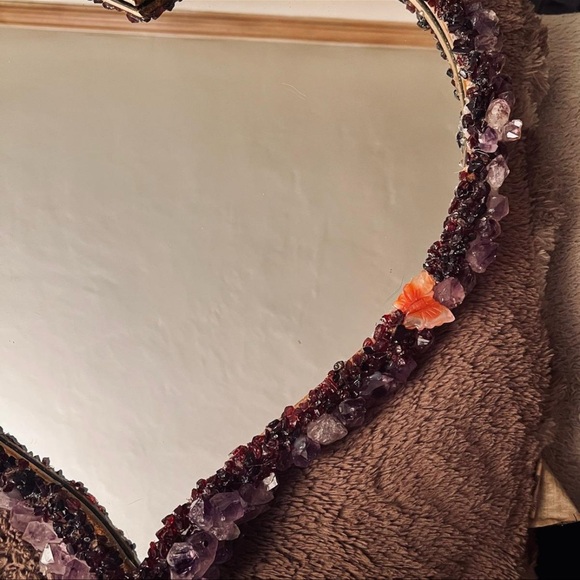 Amethyst & Garnet Encrusted Heart Shaped Wall Hanging Mirror 18inx16in - Picture 7 of 8